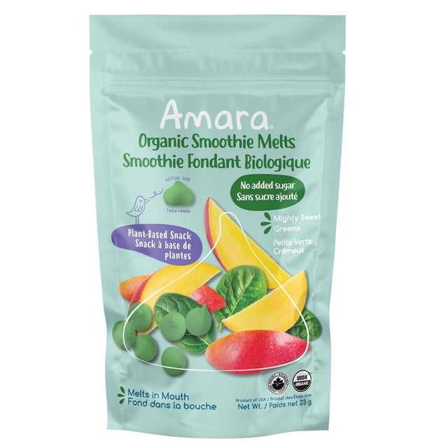 Amara Organic Smoothie Melts Mighty Sweet Greens in a resealable light green pouch featuring green yogurt melts with spinach and mango images, plant-based with no added sugar, USDA organic certified, net weight 23 grams, suitable as a healthy baby snack.