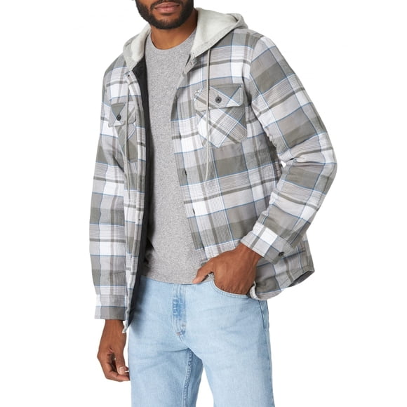 Wrangler Authentics Mens Long Sleeve Quilted Lined Flannel Shirt Jacket with Hood, Cloud Burst with Gray hood, 2XL