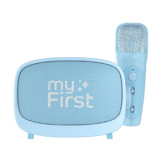 myFirst Voice 2 Kids Karaoke Machine Portable Bluetooth Speaker, Wireless Microphone, 5 Voice Changer (Blue) centered front view of a compact blue portable karaoke speaker with wireless handheld microphone; Bluetooth, AUX and memory-card playback modes, five AI voice-change presets for kids, lightweight design suitable for travel or classroom storytelling.
