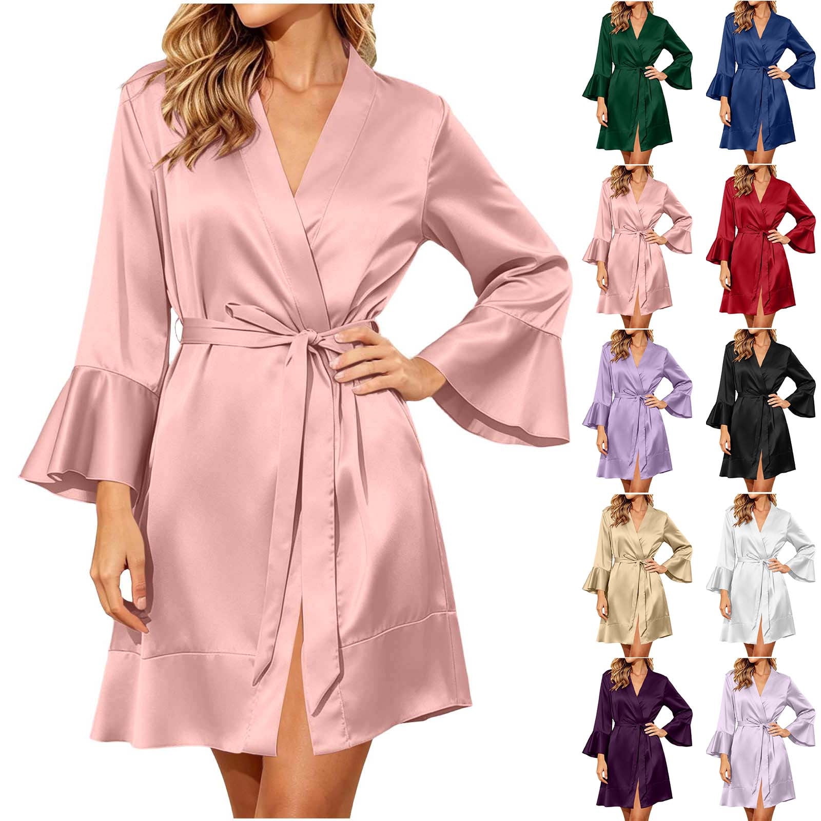 Women's Satin Bath Robe Wrap V Neck Flare Long Sleeve Tie Belt Mini Night Gown Elegant Bridal Loungewear for Spa Wedding Night M