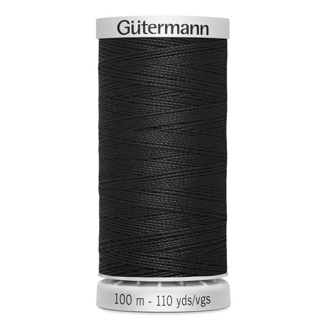 Gutermann Extra Bobine Thread Solide 100 % Polyester Noire, Enroulée Serrée sur une Bobine en Plastique Blanche Marquée 100 m (110 yds), Conçue pour la Couture Robuste sur Cuir, Toile et Tissus denim.