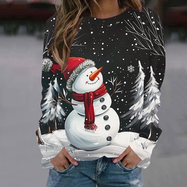 cllios Chandails Molletonnés Surdimensionnés pour Femmes Col Rond Manches Longues Chandails de Noël Flocon de Neige Snowman Hauts Graphiques Mode Sortie Blouse T-Shirt Chandail de Noël Cadeaux