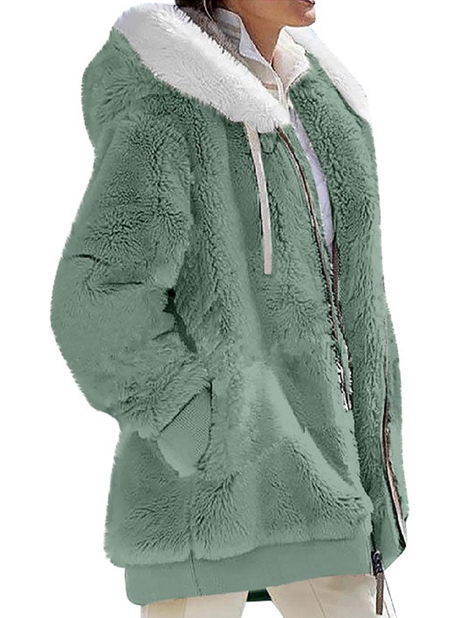 MAWCLOS Ladies Thickened Solid Color Hooded Cardigan Winter With Pockets Sherpa Coat Green 2XL