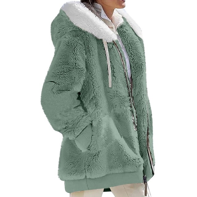 MAWCLOS Ladies Thickened Solid Color Hooded Cardigan Winter With Pockets Sherpa Coat in Green, size 2XL. This women's fuzzy fleece jacket features a hip-length design with a hood, long sleeves, and a front zipper closure. Made of 65% polyester and 35% cotton, it is warm, cozy, and breathable, ideal for autumn and winter. The coat includes two large side pockets and a drawstring hood, offering both style and functionality. Suitable for casual outings, traveling, or everyday wear.