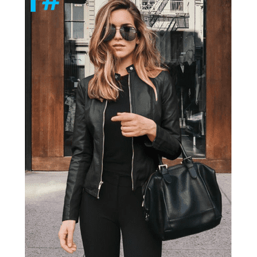 Wangsaura Women's Faux Leather Jacket, Slim Moto Biker Long Sleeve Jacket