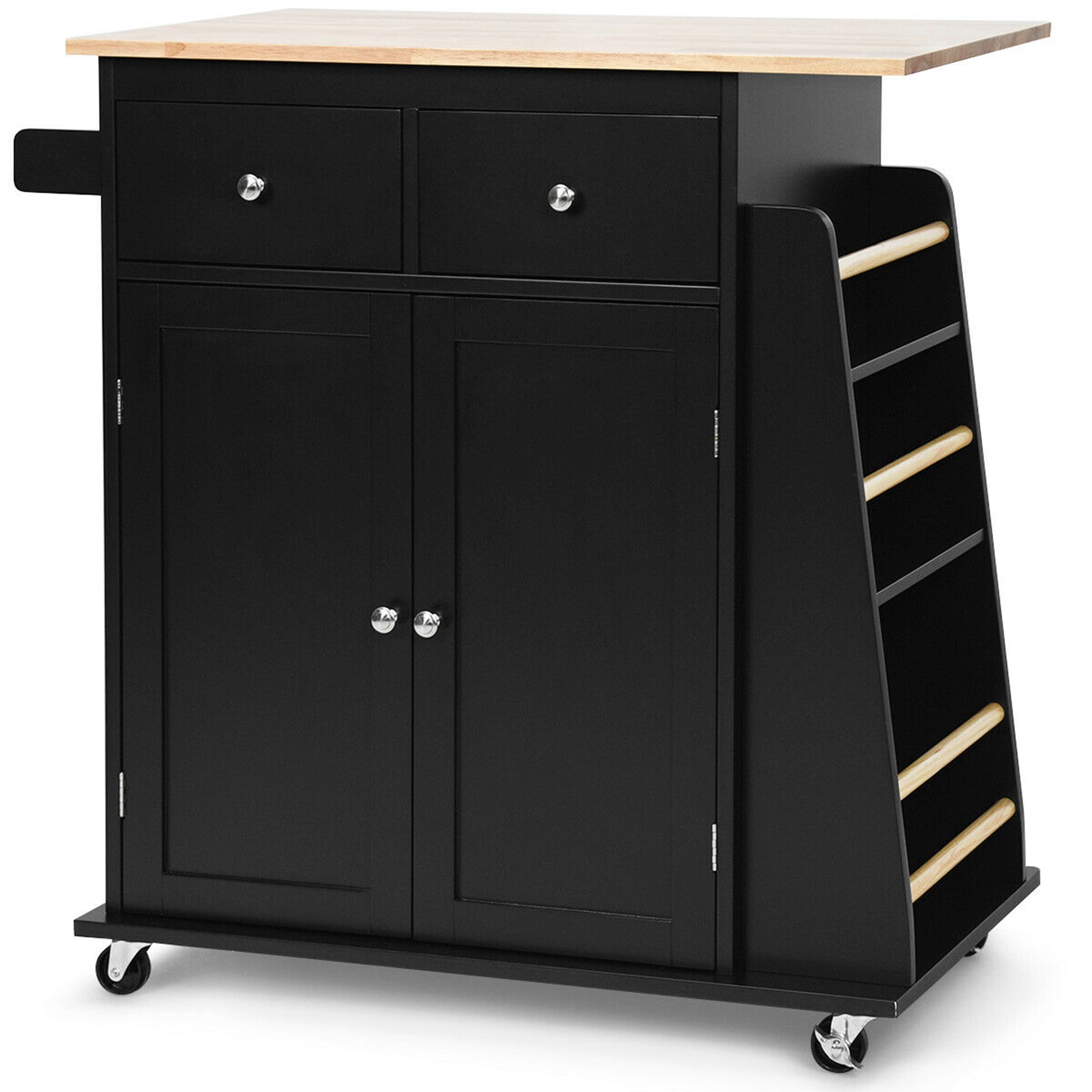 Gymax Îlot de Cuisine Roulant Chariot Utilitaire Armoire Rangement Porte-Épices Porte-Serviettes Noir