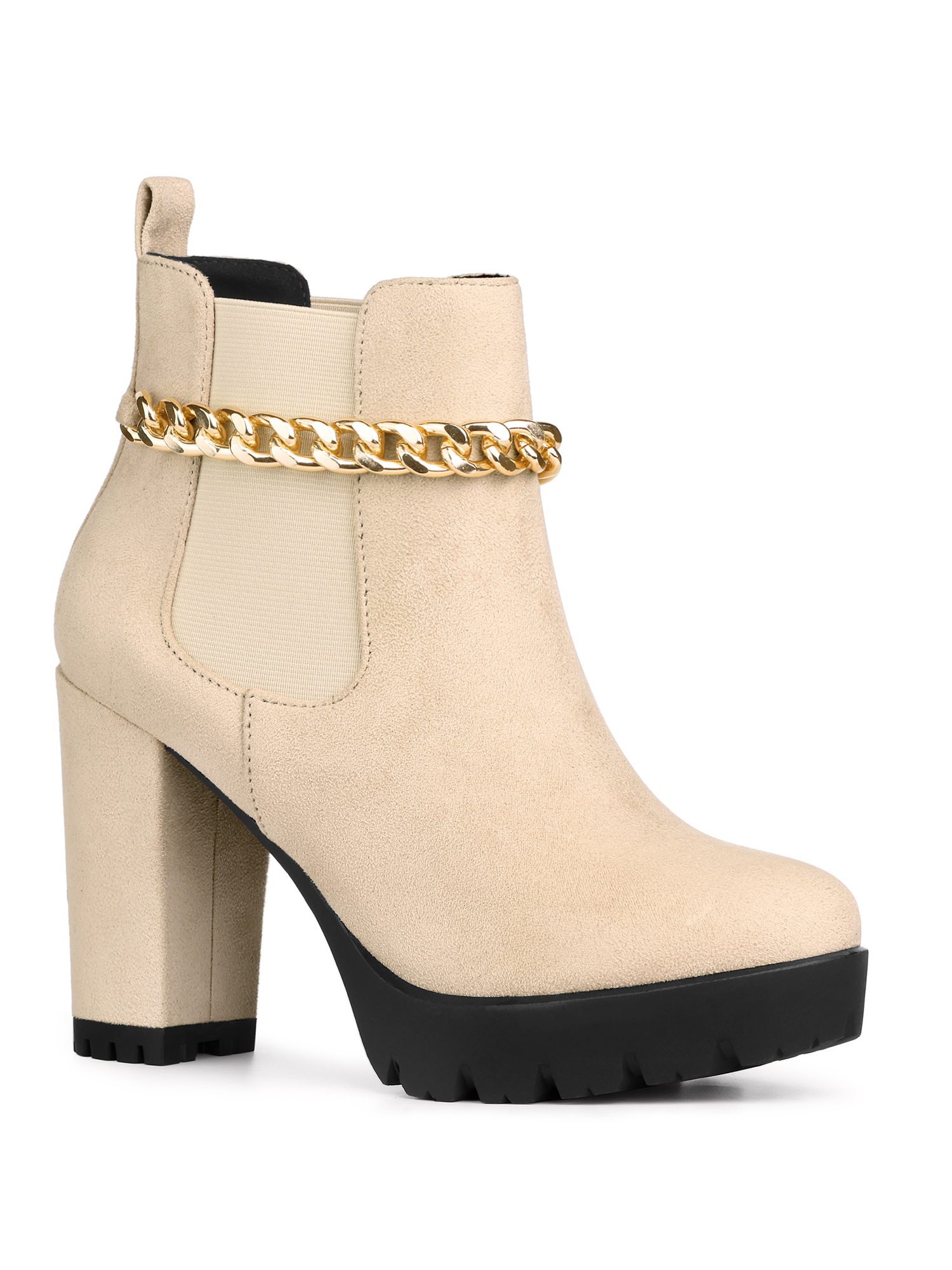 BLISSFUL STEP Bottines à Talon Haut Bloc à Chaîne Plateforme pour Femmes Nude 6,5