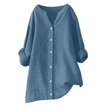 Mrzvby Cotton Linen Chemise Tops for Women Trendy Rolled Long Sleeve Button Down V-Neck Blouse Soft Breathable T-Shirts Casual Loose Tunic Blouse Shirts