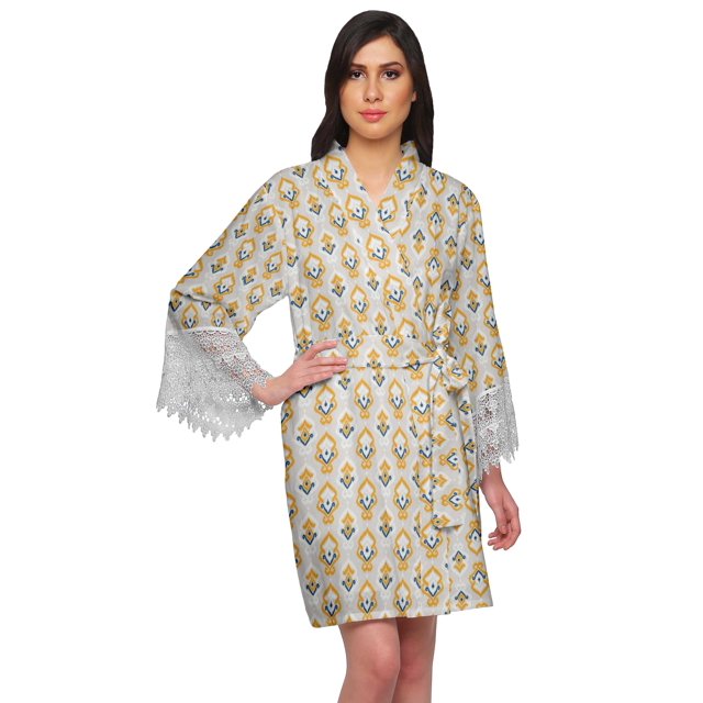 Moomaya Printed Short Robes For Women Cotton Robes For Women With Lace Trim