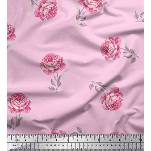 Soimoi Pink polyester Crepe Fabric Grandiflora Roses Floral Printed Fabric 1 Yard 42 Inch Wide