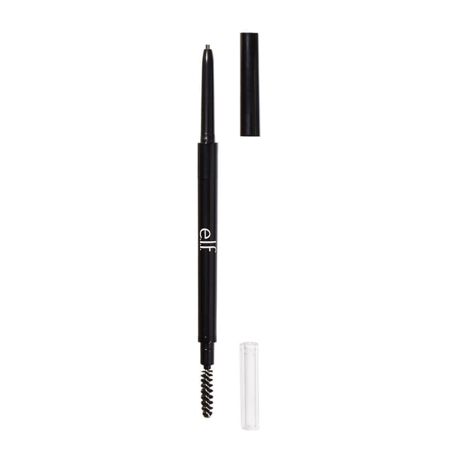 e.l.f. Cosmetics Ultra Precision Brow Pencil with black retractable ultra-fine tip extended and spoolie brush on the opposite end, both caps removed, designed to define and fill brows for a natural look, shown on white background.
