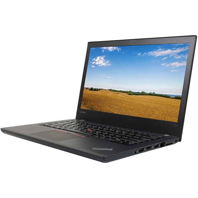 Lenovo ThinkPad T470 Ordinateur Portable Remis à Neuf de 14 Pouces avec Processeur Intel Core i5-6300U, 16 Go de RAM et SSD de 256 Go. l'Ordinateur Portable Présente un Écran Net de 14 Pouces, un Clavier Ergonomique et un Lecteur d'Empreintes Digitales Intégré pour une Sécurité Accrue. Montré dans une Vue Latérale avec un Paysage vibrant sur l'Écran.