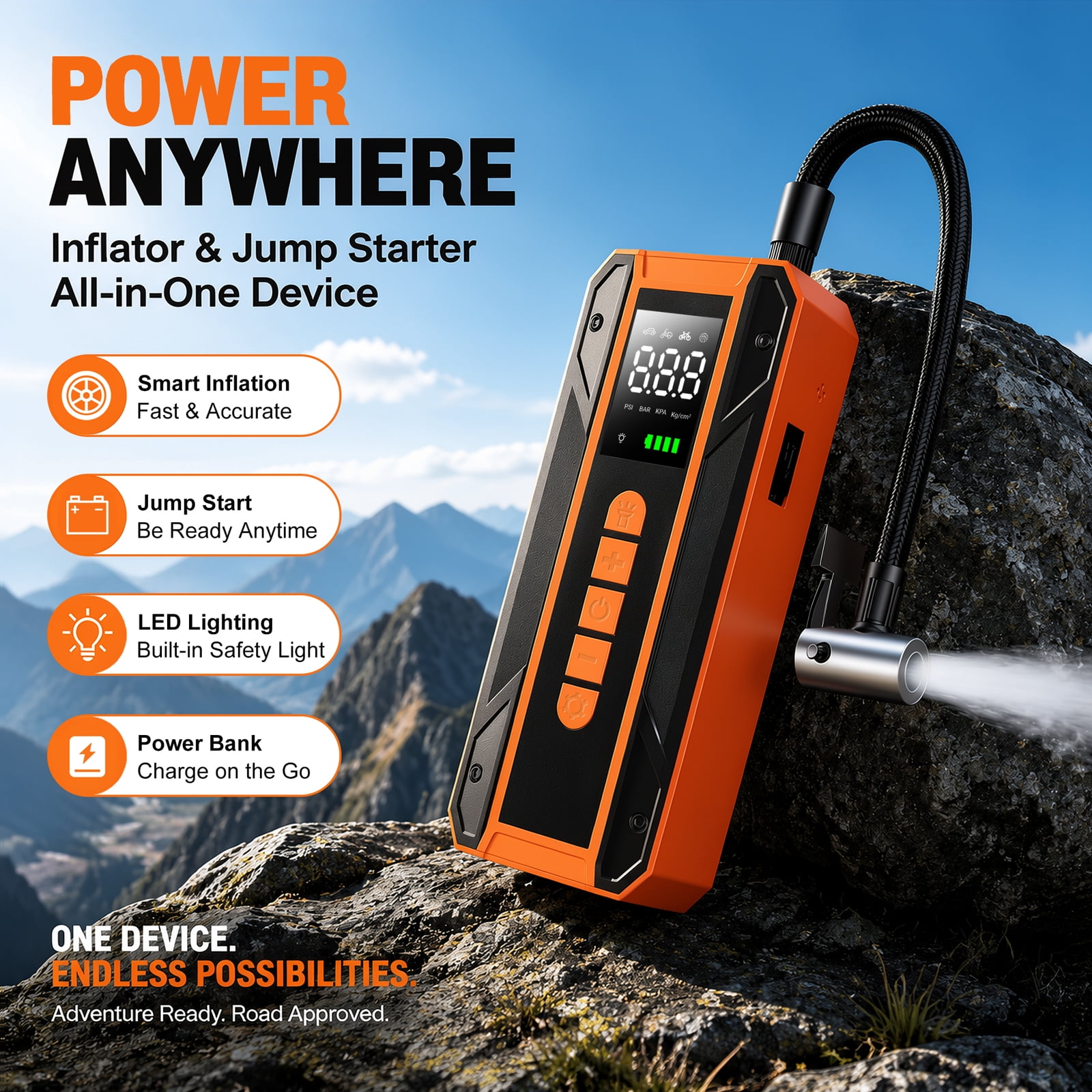 Jump Starter With Air Compressor, Car Jumper Starter Portable Battery Pack With 150PSI Tire Inflator, 12V Jump Box For Car Charger Battery Booster With LCD Display, 3-Mode Emergency Flashlight