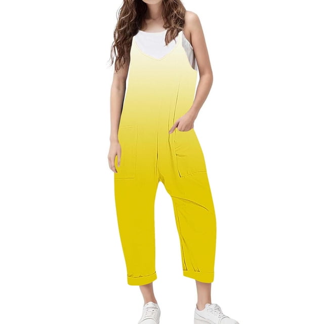 Sleeveless Casual Jumpsuit for Girls, Soft Polyester-Spandex Blend, Pockets, Long Pants, Gradient Design,西瓜 Red, Size 160