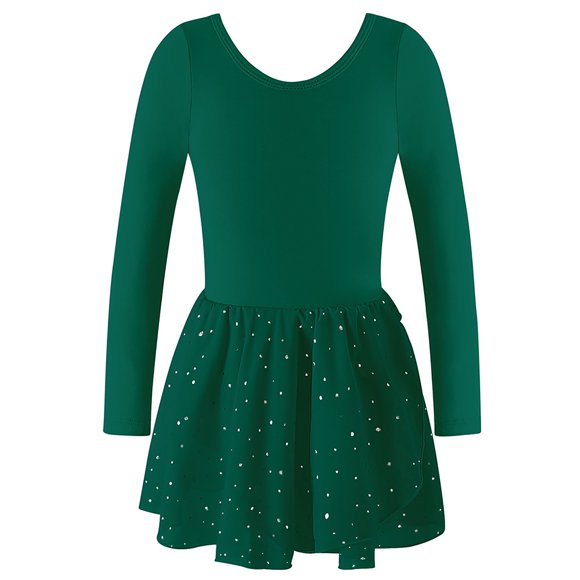Wdgfv Girls Long Sleeve Ballet Leotards with Shinny Skirts Criss-Cross Back Dance Dresses Dark Green 7-8 Years