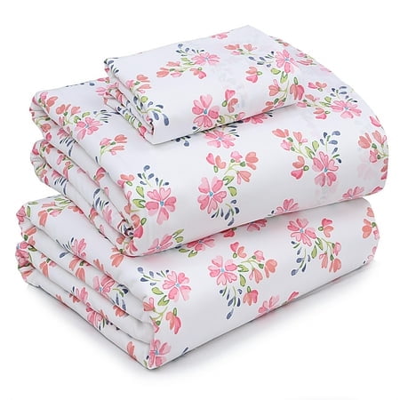 Ruvanti Draps 100 % Coton - Draps Percale Frais et Croustillants pour Lit Simple, Ensemble de Draps Simple Respirant et Durable, Draps à Poche de 16 Pouces de Profondeur, Floral Rouge et Rose, 3 Pcs