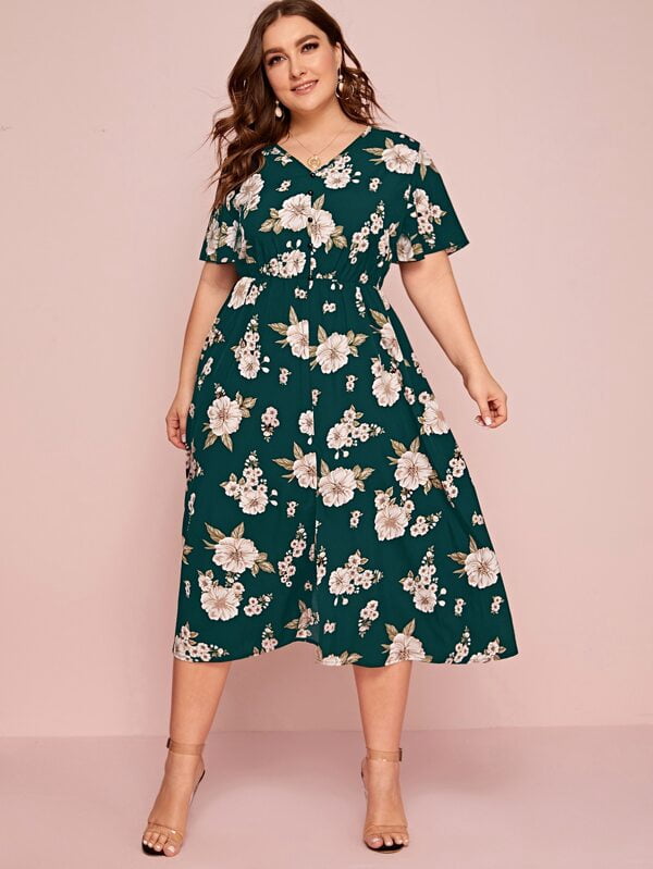 U.Vomade Women's Plus Size Dress Floral Button Dress