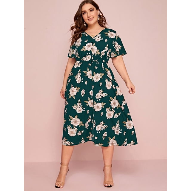 U.Vomade Women's Plus Size Dress Floral Button Dress