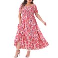thumbnail image 2 of GRACE & GRANDEUR Robe Maxi Bohème à Fleurs pour Femme Grande Taille, Manches Courtes, Encolure Carrée, Smockée, 2X Rose Vif, 2 of 6