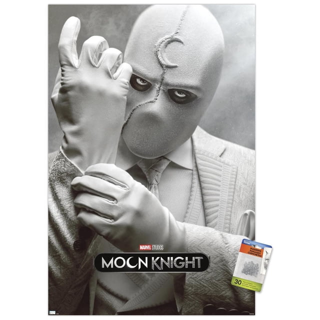Marvel Moon Knight - Mr. Knight Affiche Murale d'Une Feuille Représentant une Figurine en Complet Blanc Texturé et des Gants Ajustant un Gant, avec le logo Marvel Studios Moon Knight au Bas sur un Fond Gris.
