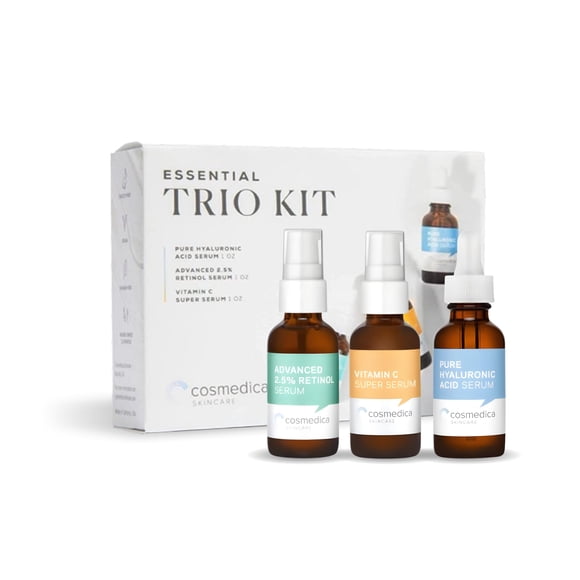 Cosmedica Skincare Facial Serum Trio Set Value for Clear Skin - Vitamin C Super Serum, 2.5% Retinol Serum, Pure Hyaluronic Acid Serum – Vegan, C
