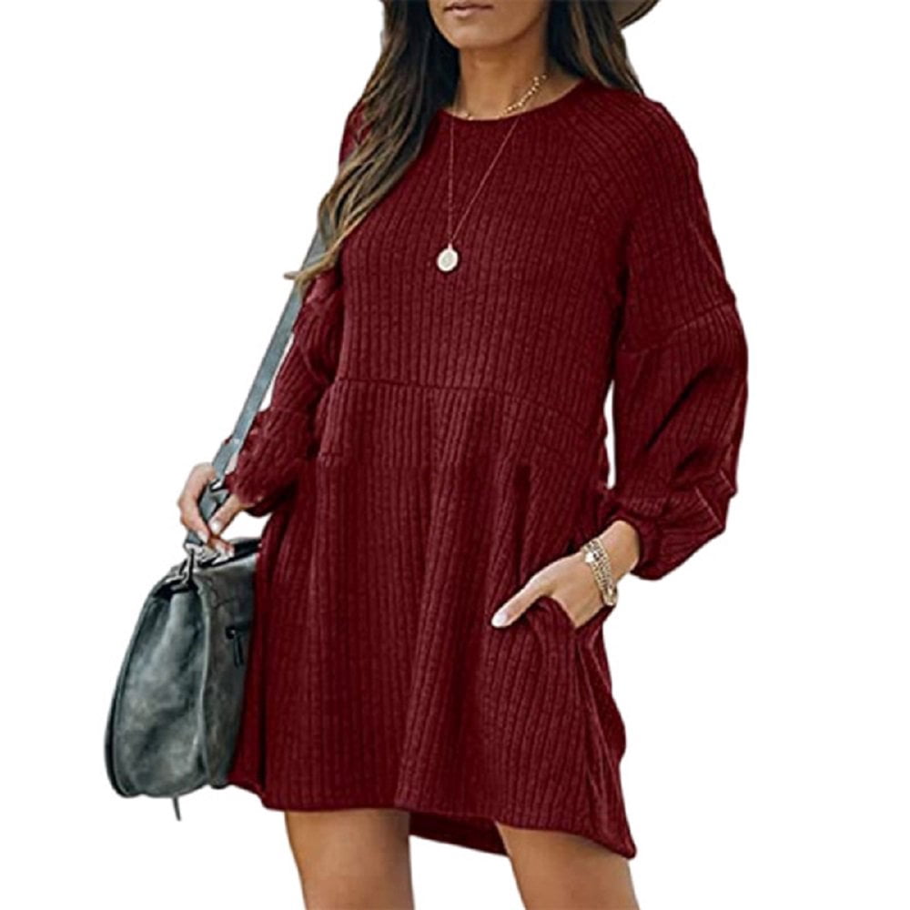 Jupe en Tricot Côtelé pour Femmes, Manches Lanterne, Col Rond, Robe Courte, Chandail-Over, Jupe Chandail avec Poches, Automne Hiver, Jupe du Bas