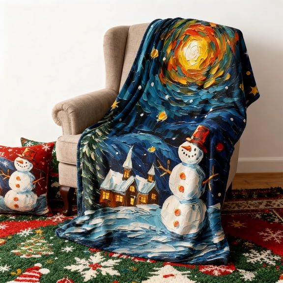 Christmas Snowman Print Double-Sided Flannel Blanket | Soft Cozy Polyester Throw | 29.5x39.4in Lightweight Warm Merry Christmas Decor | Ideal for Bedroom Sofa Travel Gift