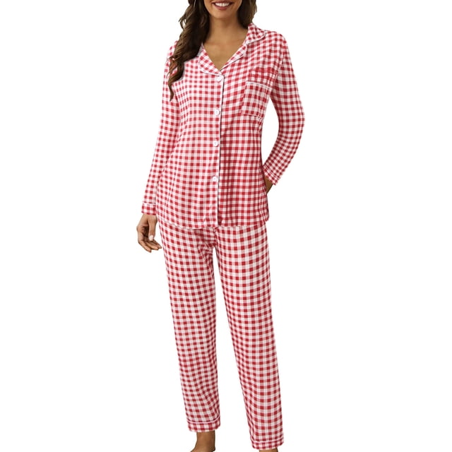2025 Ensembles de Pyjama pour Femmes Femmes Décontracté Col à Revers Pyjamas à Boutons pour Femmes Grande Taille Imprimé à Carreaux Deux Pièces Pyjamas pour Femmes Petites Ensemble Pyjamas à Manches Longues Mignon