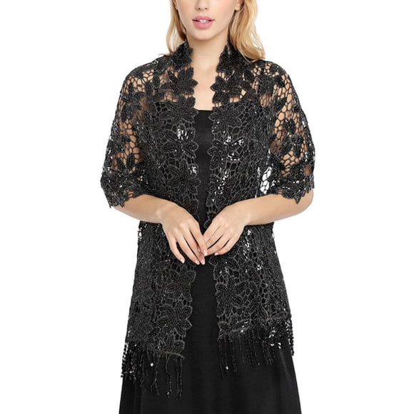 Elegant Women Embroidery Scarf Lightweight Cute Lovely Tassel Evening Dress Shawl Bridesmaid Wedding Cope Shawls Clothes Wraps Ladies Black