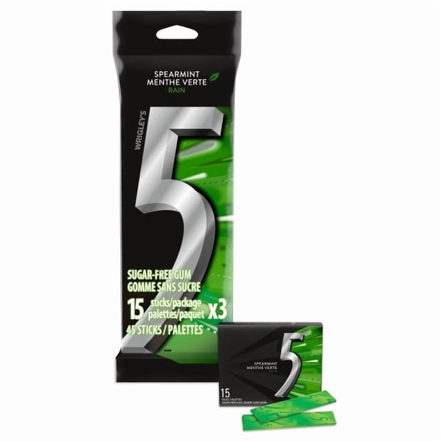 5 GUM, Spearmint-Rain Flavoured Sugar Free Chewing Gum, 15 Sticks, 3 Packs