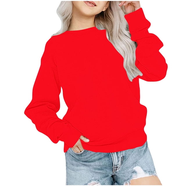 RXIRUCGD Chandail en Molleton Décontracté pour Petites et Grandes Filles, Couleur Unie, Col Rond, Manches Longues, Tunique Ajustée, Pulls Mode Automne, Chandail en Molleton Rouge pour Filles Taille 1-2 Ans