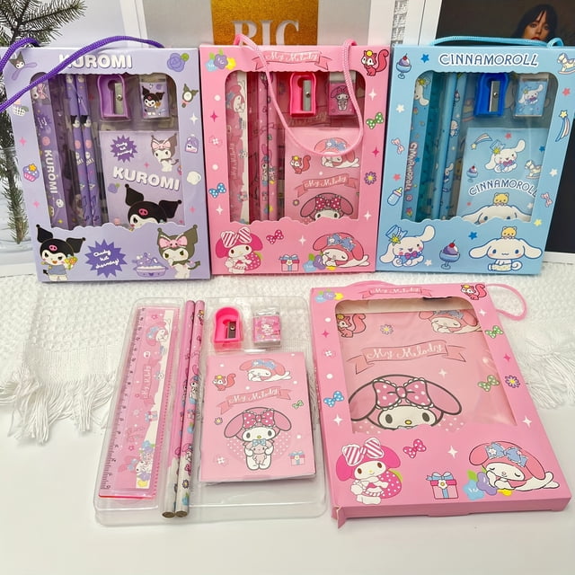 Kuromi & Cinnamoroll Stationery Gift Set - Cartoon Themed Notebook, Ruler, Pencils, Sharpener, and Eraser Kit for Students - School Supplies and Awards (Set of 2)