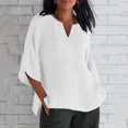 thumbnail image 2 of Dealovy Plus Size Shirts for Women 3/4 Sleeve Notch V Neck Cotton Linen Tops Summer Solid Color Tees, 2 of 5