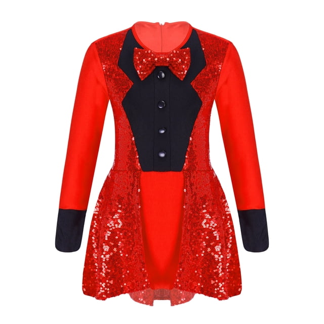 Yartina Costume de Maître de Cirque pour Filles Enfants Sequins Brillants Nœud Papillon Robe de Danse Jazz Moderne Rouge 14
