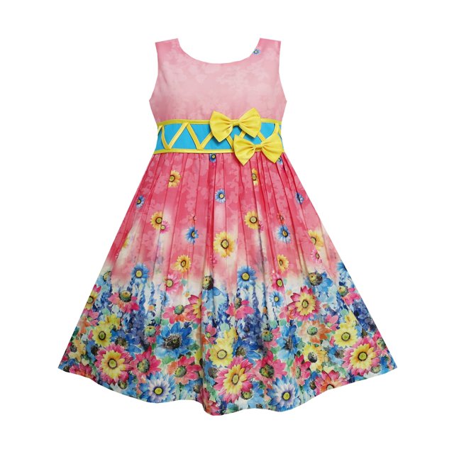 Robe Fille Tournesol Jardin Imprimé Fleur Coton Rouge 4 Ans