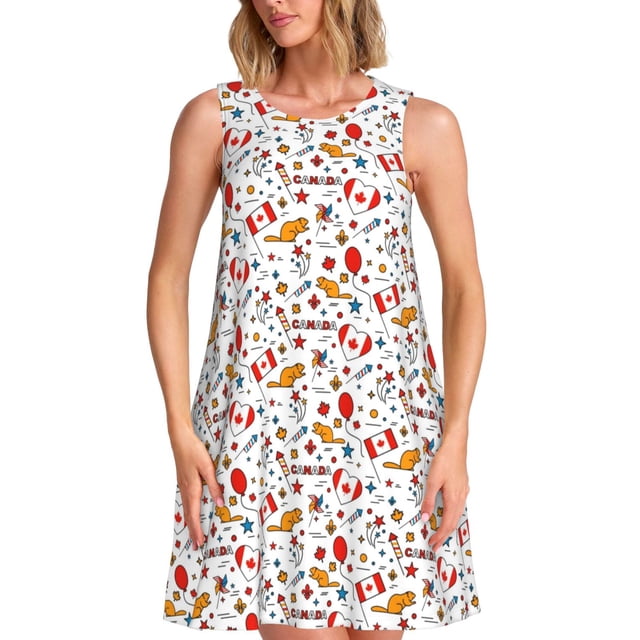 Bixox Robe Trapèze Sans Manches à Imprimé de la Fête du Canada pour Femme avec Poches, Robe Débardeur Décontractée Longueur Genou pour l'Été-Xx-Grand