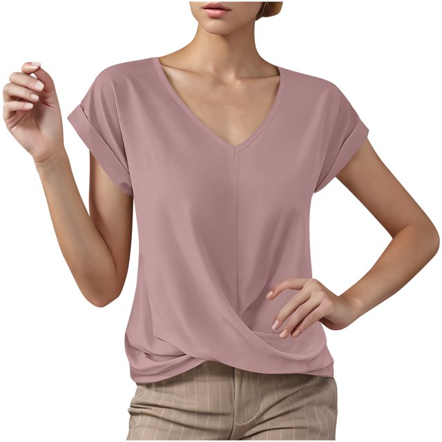 Summer T Shirts for Women V-Neck Short Sleeve Casual Tops Solid Color Basic Tees