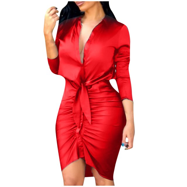 RXIRUCGD Robes pour Femmes Élégantes Robe Professionnelle pour Dames Col en V Manches Longues Robe Chemise Unie à Liens Robe Grande Taille Robe de Soirée Robe Vintage Rouge