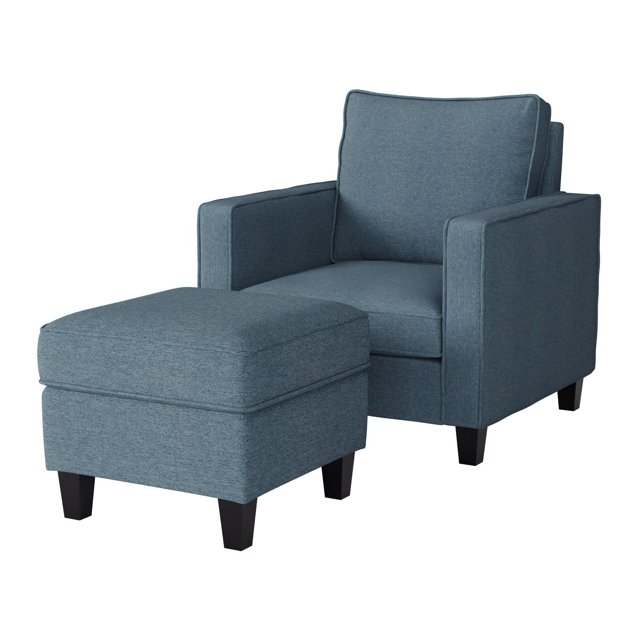 CorLiving Georgia Linen-Like Fabric Upholstered Indoor Living Room Furniture Set with Armchair and Ottoman in blue, featuring foam-padded cushions and durable linen-like polyester fabric upholstery on a sturdy wood frame with dark tapered legs, suitable for living rooms or small spaces.
