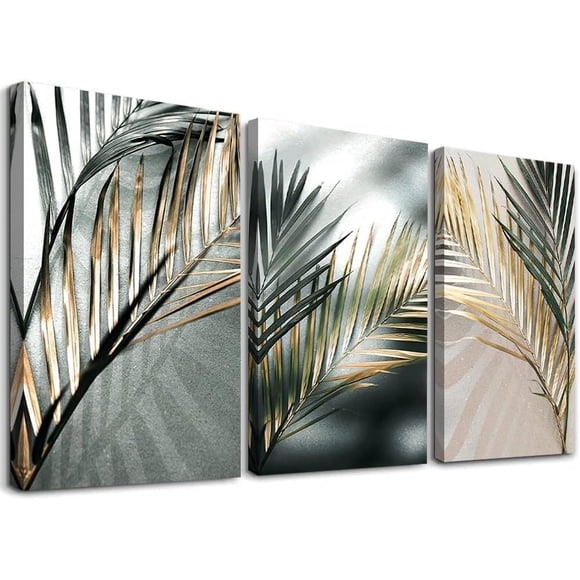 Botanical Wall art for Living Room Tropical Plant Wall Art Canvas Prints Set Bathroom Decor Wall Art, Contemporary Green Gold Wall Art for Bedroom, Modern Wall Pictures Office Wall Art