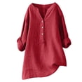 thumbnail image 1 of Timegard Hauts Grande Taille pour Femmes Coton Lin Col en V Boutons Manches Longues Chemises Blouse Automne Ample, 1 of 6