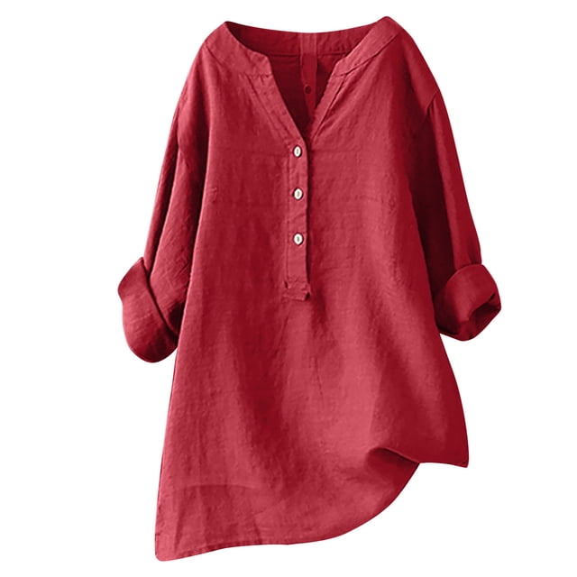 Timegard Hauts Grande Taille pour Femmes Coton Lin Col en V Boutons Manches Longues Chemises Blouse Automne Ample