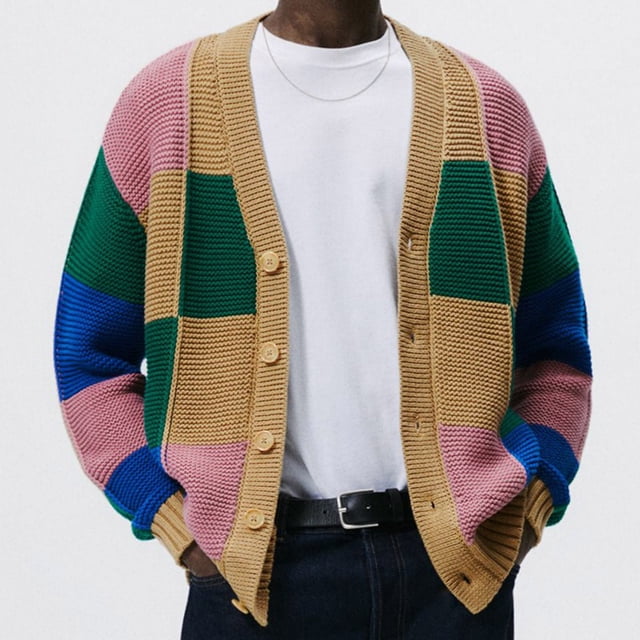 RKSTN Chandail pour Homme Automne Mode Homme Hiver Manches Longues Fermeture à Boutons Design à Contraste de Couleurs Cardigan Chandail Décontracté Ample Chandails