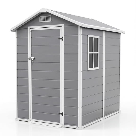 Remise de Rangement Extérieure en Plastique 4 X 6 Pi avec Plancher et Fenêtre - Remise de Jardin en Résine avec Porte Verrouillable, 2 Évents et Toit en Pente pour Cour Arrière, Patio, Rangement pour Tondeuse et Vélo