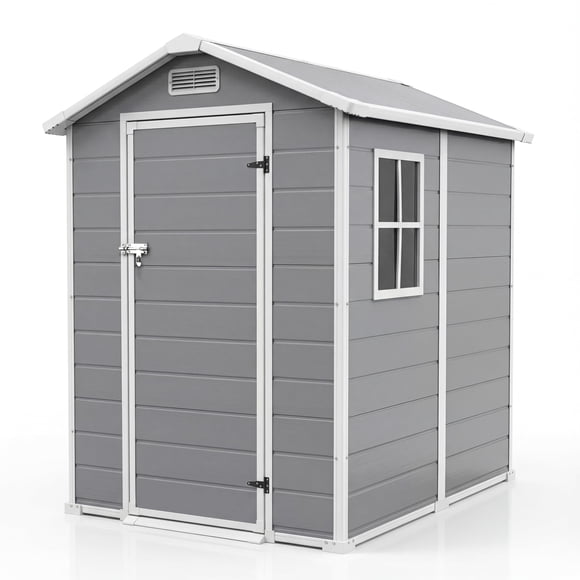 4x6 ft Plastic Outdoor Storage Shed with Floor & Window - Resin Garden Shed with Lockable Door, 2 Vents & Sloped Roof for Backyard, Patio, Lawn Mower & Bike Storage