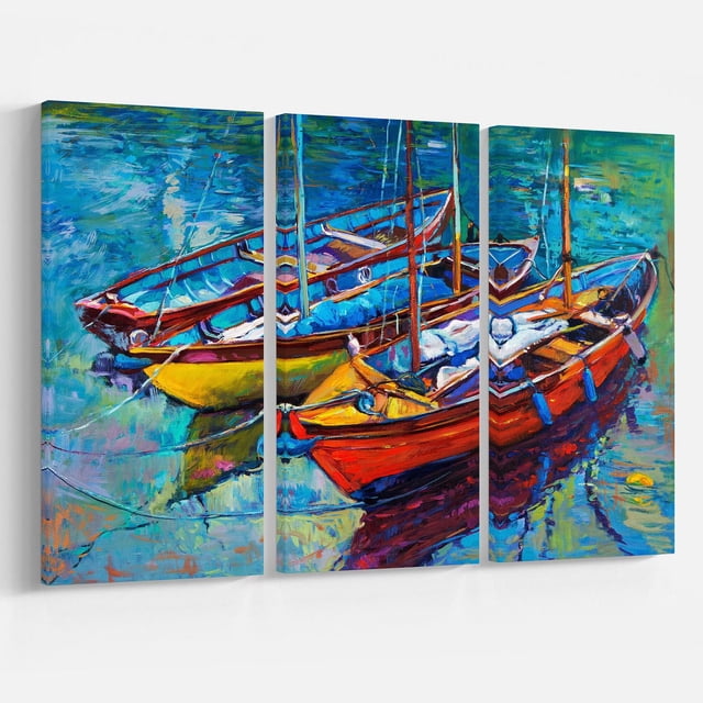Designart Three Fishing Boat Oil Painting Canvas Wall Art depicting three fishing boats in blue, yellow, and red on blue-green water, printed on premium cotton canvas with gallery-wrapped edges, nautical style, ready to hang and suitable for coastal décor.