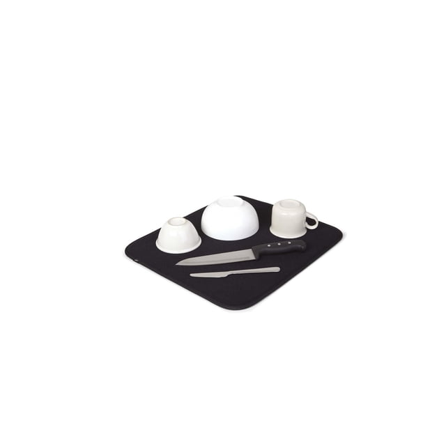 DRY MAT Petit 16x18 Noir Microfibre Légère de Séchage MAT en Noir avec Trois Tasses en Céramique Blanc Inversé et Deux Couteaux de Cuisine, Conçu pour Absorber l'Eau et Protéger les Comptoirs contre l'Humidité et les Égratignures, Convient Aussi pour Sécher de Petits Ustensiles.