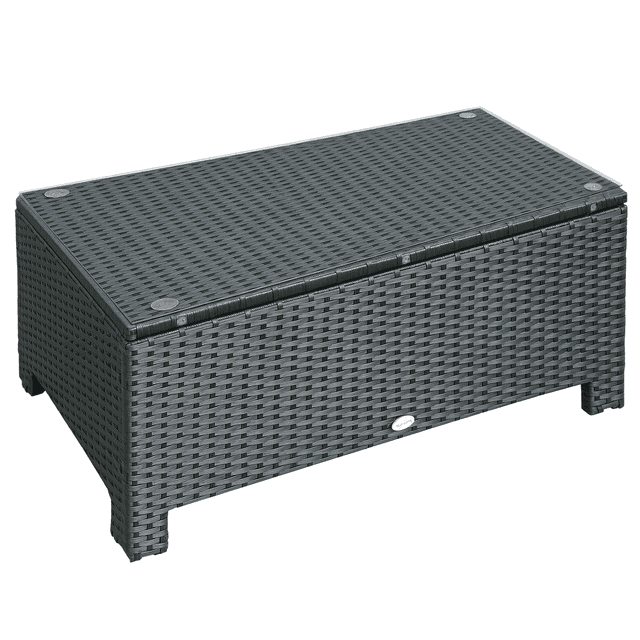 Outsunny Rattan Coffee Table, Patio Side Table, Hand-woven Wicker Furniture with Tempered Glass Top Outdoor Garden Patio, Black. This rectangular coffee table features a hand-woven PE rattan design in black with a tempered glass top for easy cleaning. It is lightweight, portable, and suitable for indoor or outdoor use. The table measures 33.5 inches in length, 19.75 inches in width, and 15.25 inches in height, with a weight capacity of 330.7 lbs.