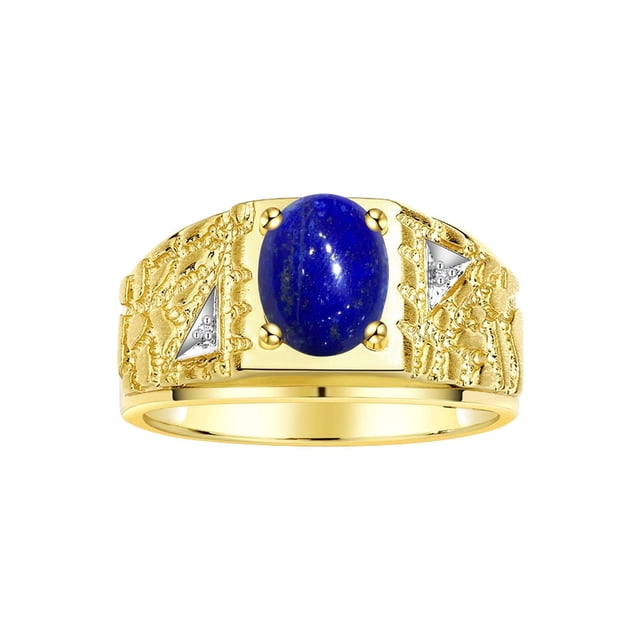 RYLOS Men's Rings Yellow Gold Plated Silver Designer Nugget Ring Oval 9X7MM Gemstone & Diamonds Lapis Lazuli Birthstone Rings For Man Size 11