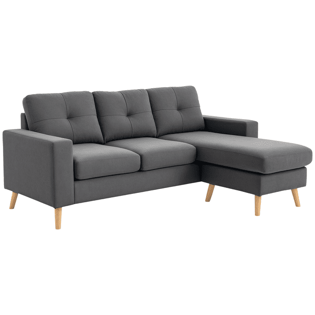 HOMCOM Canapé Sectionnel Modulaire avec Méridienne Réversible pour Chambre, Gris Foncé. Ce Canapé en L Présente une Méridienne Réversible pour des configurations Polyvalentes, des Coussins d'Assise en Mousse à Haute Densité et un Tissu Respirant Effet Lin. le Rembourrage Gris Foncé Est Complété par des Pattes en Bois de Caoutchouc et un Cadre Robuste en Bois d'Eucalyptus. Compact Mais Spacieux, Il Est Idéal pour les Petits Espaces de Vie. Dimensions : 76 Pouces de Large, 53.5 Pouces de Profondeur et 33.5 Pouces de Haut.